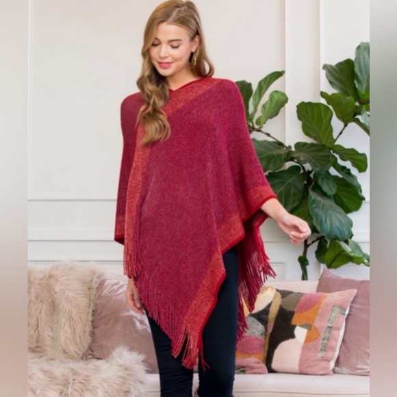 Riah Fashion Sweaters - WOMENS ULTRA SOFT TWO TONE FRINGE PONCHO-RIAH FASHION ONE SIZE NEW